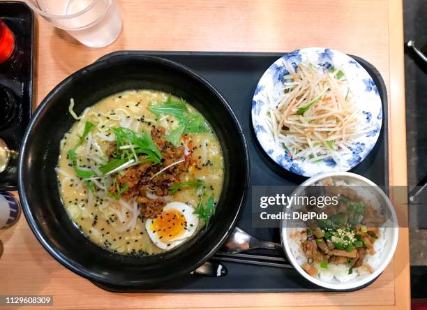 lunch meal - szechwan dandanmian, char siu rice bowl and shredded turnip salad - char siu pork stock pictures, royalty-free photos & images