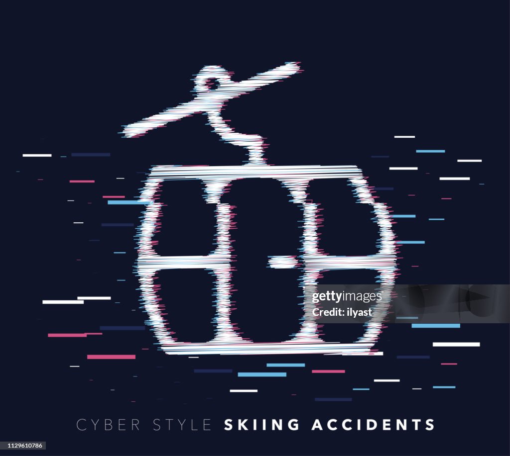 Skiing Accidents Glitch Effect Vector Icon Illustration