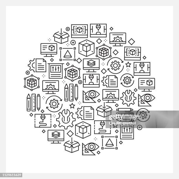 3d printing and modeling concept - black and white line icons, arranged in circle - 3d printer product stock illustrations