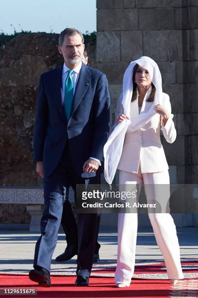 King Felipe VI of Spain and Queen Letizia of Spain visit the Mausoleum of King Mohammed V on February 14, 2019 in Rabat, Morocco. The Spanish Royals...