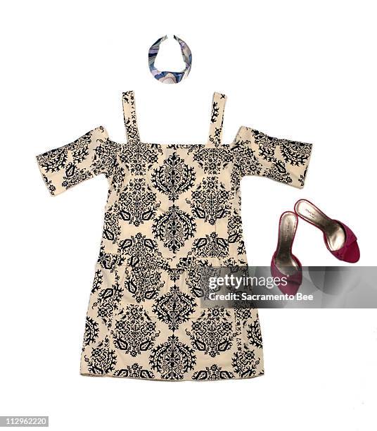 Patrick Robinson open-shoulder dress in blue medallion batik cotton , Merona headband and Isaac Mizrahi "Georgina" pink bow slides .