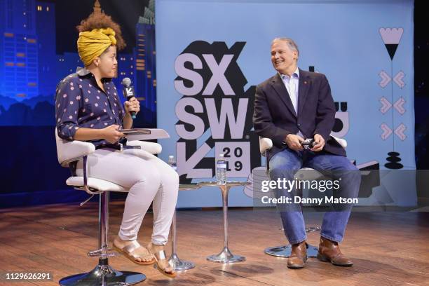 Jane Coaston and Jay Inslee speak onstage at Conversations About America's Future: Governor Jay Inslee during the 2019 SXSW Conference and Festivals...