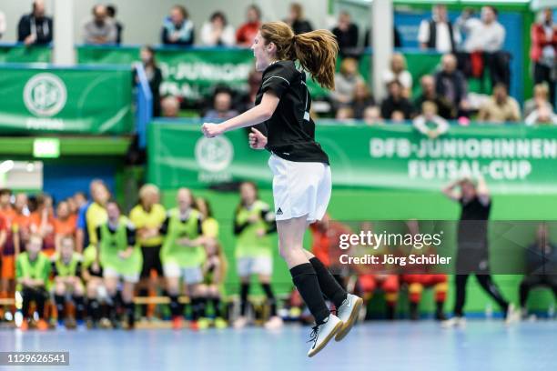 Girl of DFC Westsachsen-Zwickau celebrating during the Futsal-Cup 2019 of the B-Juniors on March 10, 2019 in Wuppertal, Germany.