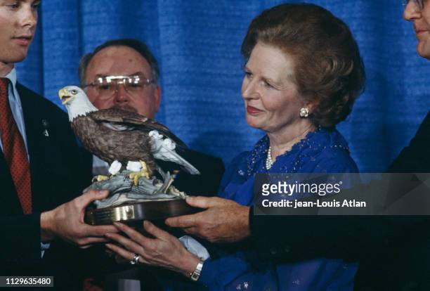 Margaret Thatcher presents at the Conservative Party Conference in Washington.