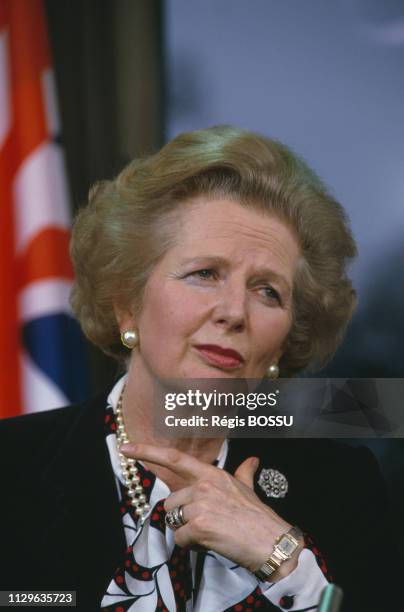 Portrait of British Prime Minister Margaret Thatcher.