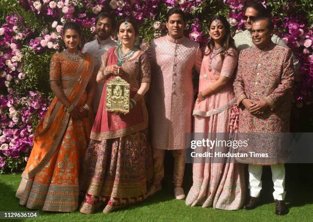 Anant Ambani, Radhika Merchant, Nita Ambani, Akash Ambani, Mukesh Ambani and Esha Ambani Piramal during the wedding ceremony of Akash Ambani and...