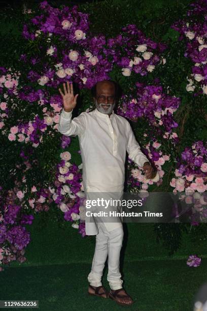 Bollywood actor Rajinikanth attending the wedding ceremony of Akash Ambani at JIO World Centre, BKC, on March 9, 2019 in Mumbai, India. On Saturday,...