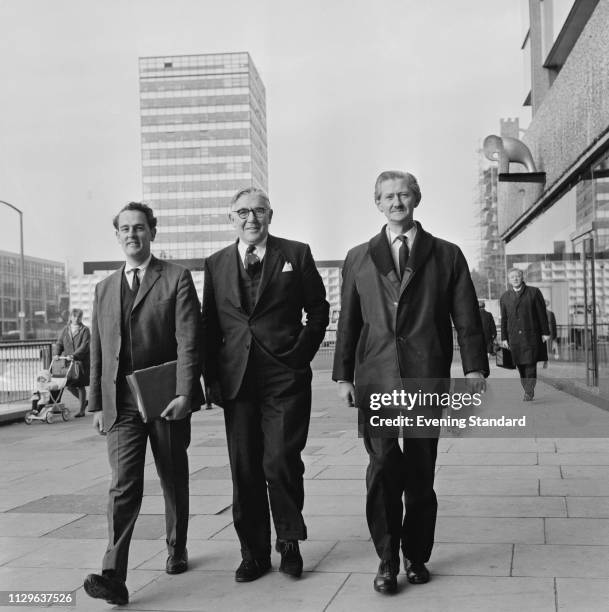 British Labour Party politicians Tam Dalyell , Richard Crossman , Stephen Swingler in Elephant and Castle, London, UK, 28th November 1968.