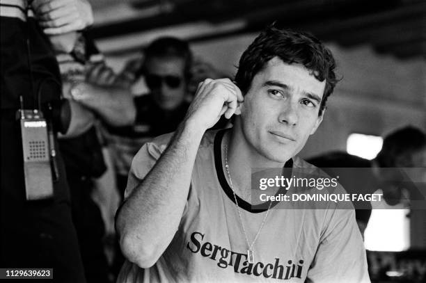 Portrait taken on July 13, 1986 at the Estoril Circuit shows Brazilian Formula One driver Ayrton Senna during the Portuguese Grand Prix.