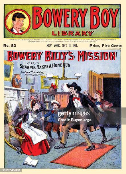 The cover of Bowery Boy Library magazine features an illustration from the story 'Bowery Billy's Mission, or Sharpie Makes a Home Run, May 18, 1907.