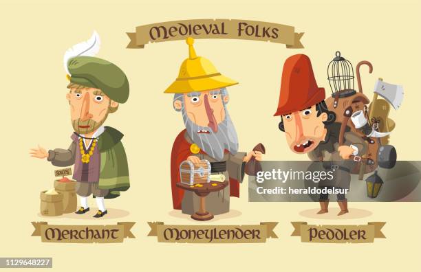 medieval characters set - bank manager stock illustrations