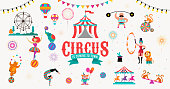 Circus banner and background with tent, monkey, air balloons, gymnastics, elephant on ball, lion, jugger and clown. Vector illustration