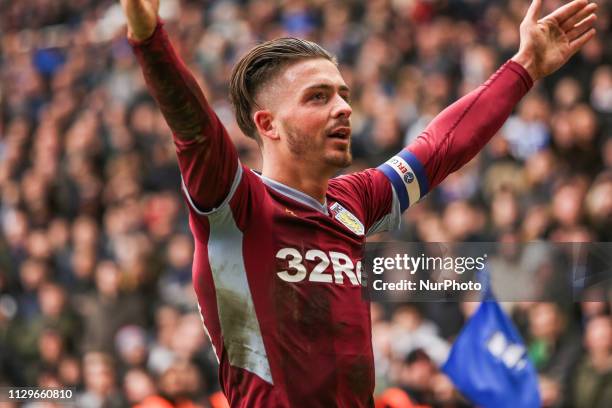 Jack Grealish of Aston Villa celebrates after scoring his team's winning goal during the Sky Bet Championship match between Birmingham City and Aston...