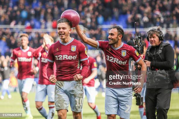 Jack Grealish of Aston Villa celebrates after the final whistle during the Sky Bet Championship match between Birmingham City and Aston Villa at St...