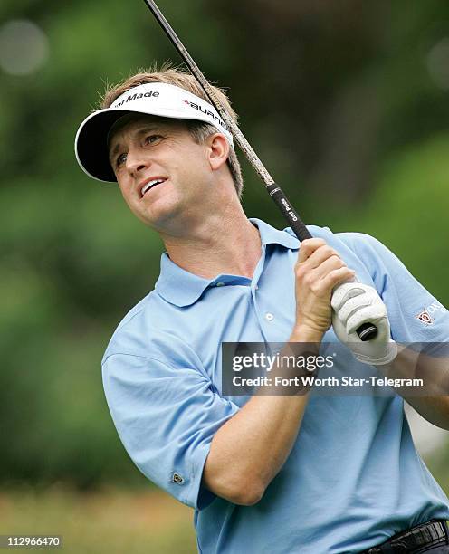 David Toms reacts to a shot during the final round of the Crown Plaza Invitational at Colonial in Fort Worth, Texas, Sunday, May 27, 2007.