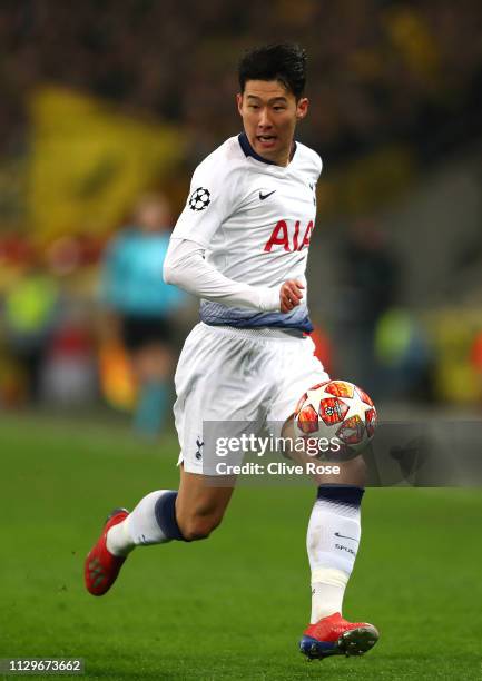 Heung-Min Son of Tottenham Hotspur in action during the UEFA Champions League Round of 16 First Leg match between Tottenham Hotspur and Borussia...