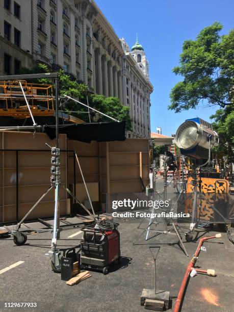 filming equipment in the street - movie studio exterior stock pictures, royalty-free photos & images