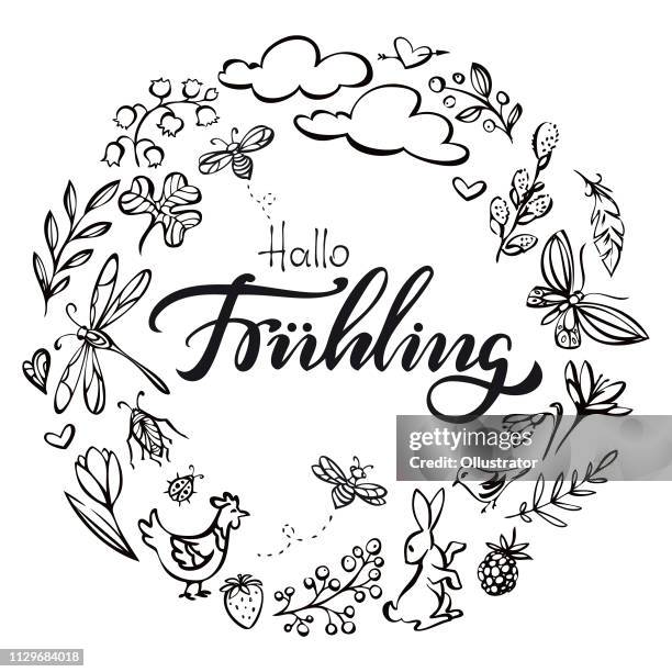 ilustrações de stock, clip art, desenhos animados e ícones de hallo fruehling (hello spring in german language) wreath illustration - pluma de ave