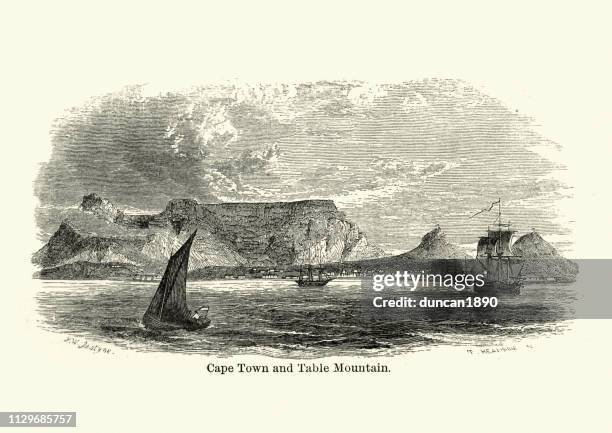 view of cape town and table mountain, 19th century - table mountain south africa stock illustrations