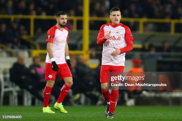 Zlatko Junuzovic of FC Salzburg after scoring his team's first goal during the UEFA Europa League Round of 32 First Leg match between Club Brugge and...