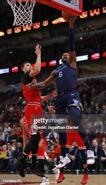 Miles of the Memphis Grizzlies shoots against Zach LaVine of the Chicago Bulls at the United Center on February 13, 2019 in Chicago, Illinois. NOTE...