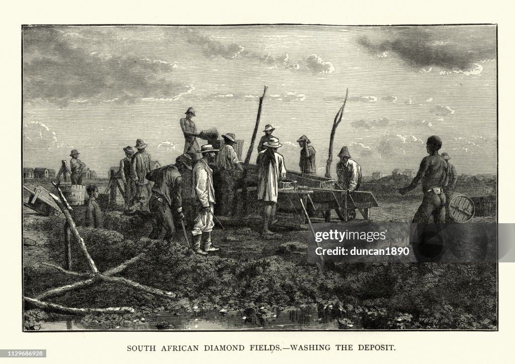 South African diamond mine, miners washing the deposit, 19th Century