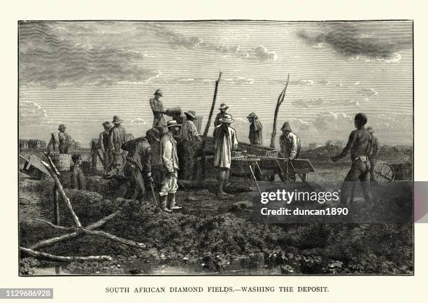 south african diamond mine, miners washing the deposit, 19th century - diamond mine south africa stock illustrations