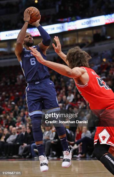 Miles of the Memphis Grizzlies shoots over Robin Lopez of the Chicago Bullsat the United Center on February 13, 2019 in Chicago, Illinois. NOTE TO...