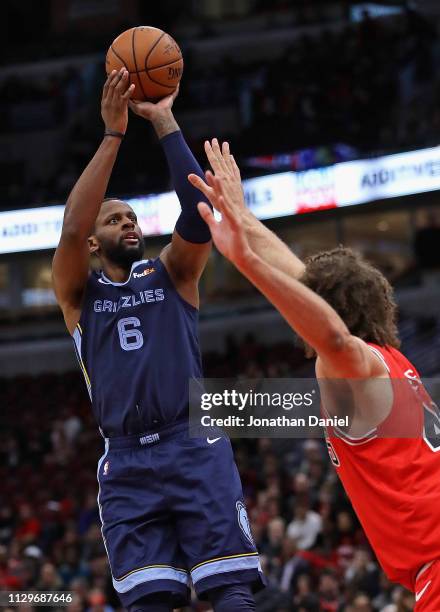 Miles of the Memphis Grizzlies shoots over Robin Lopez of the Chicago Bullsat the United Center on February 13, 2019 in Chicago, Illinois. NOTE TO...