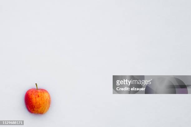 still life picture - an apple placed on the snow. - frozen apple fotografías e imágenes de stock