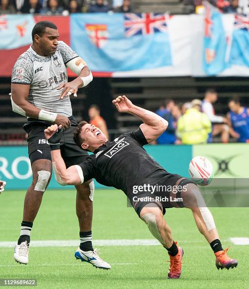 Sam Dickson Rugby Sam Dickson of New Zealand reacts after getting tackled by Josua ...
