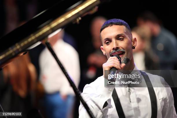 Portuguese singer Nuno Guerreiro performs at the fashion show of the Portuguese designer Nuno Gama Fall/Winter 2019/2020 during the Lisbon Fashion...
