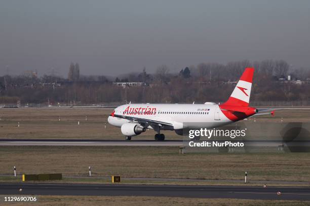 Austrian Airlines Airbus A320-214 aircraft with registration OE-LBX taxiing for takeoff in Dusseldorf Airport DUS EDDL in Germany. The aircraft name...