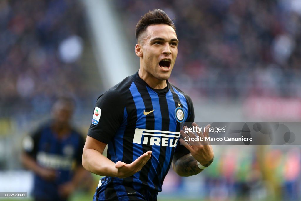Lautaro Martinez of FC Internazionale celebrates a goal that...