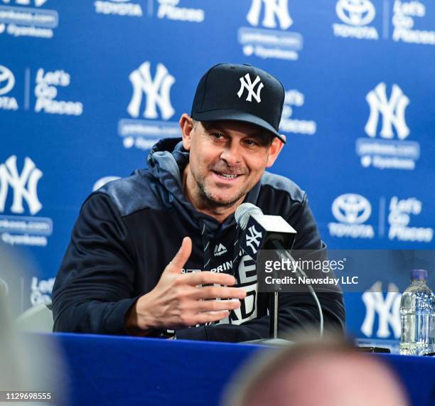 New York Yankees manager Aaron Boone speaks to the media on the first day of Spring Training at George M. Steinbrenner Field in Tampa, Florida,...