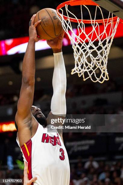 Miami Heat guard Dwyane Wade dunks against the Toronto Raptors during the second quarter on Sunday, March 10, 2019 at the AmericanAirlines Arena in...