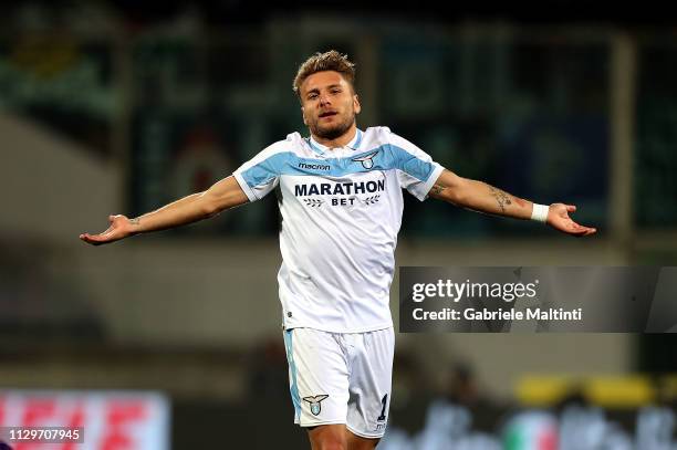 Ciro Immobile of SS Lazio reacts during the Serie A match between ACF Fiorentina and SS Lazio at Stadio Artemio Franchi on March 10, 2019 in...