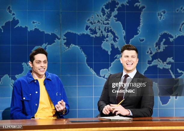 Idris Elba" Episode 1761 -- Pictured: Pete Davidson and anchor Colin Jost during Weekend Update on Saturday, March 9, 2019 --