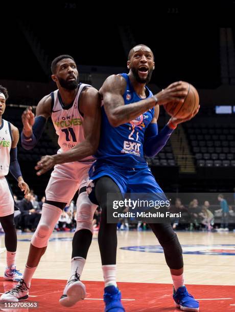 Kamari Murphy of the Long Island Nets v Hakim Warrick of the Iowa Wolves during an NBA G-League game on March 10, 2019 at NYCB Live's Nassau Coliseum...