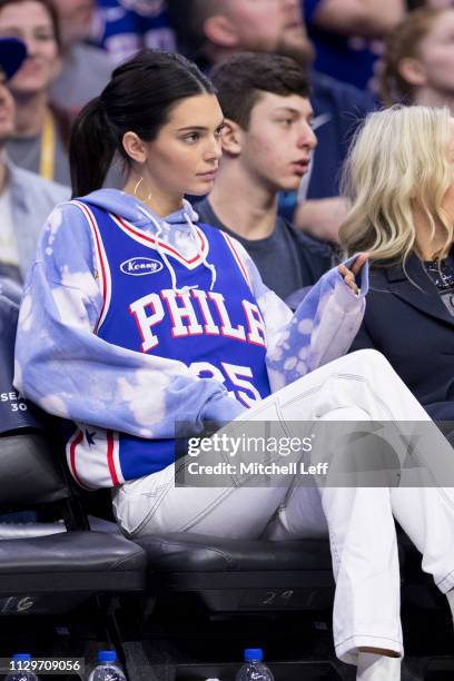 Kendall Jenner watches the game between the Indiana Pacers and Philadelphia 76ers at the Wells Fargo Center on March 10, 2019 in Philadelphia,...