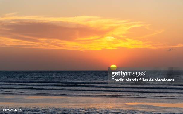 the sun on the horizontal line, on the beach of jericoacoara. - linha do horizonte sobre água stock pictures, royalty-free photos & images