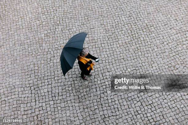 aerial view of woman walking in rain - white and black women and umbrella fotografías e imágenes de stock