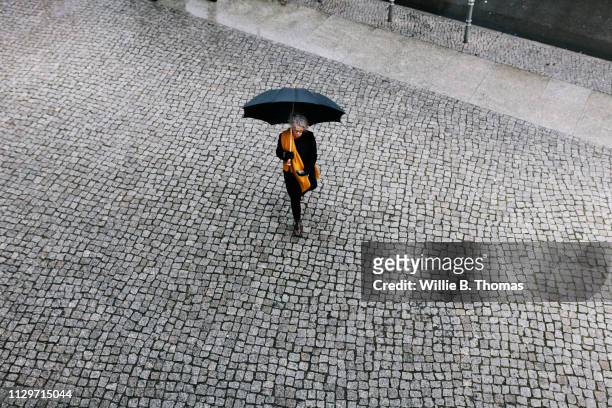 aerial view of mature woman holding umbrella - white and black women and umbrella fotografías e imágenes de stock
