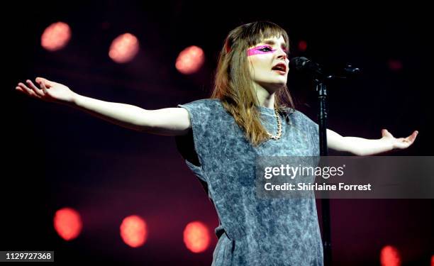 Lauren Mayberry of Chvrches performs at Victoria Warehouse on February 14, 2019 in Manchester, England.