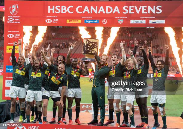 South Africa celebrates after defeating France in the championship final on Day 2 of the HSBC Canada Sevens at BC Place on March 10, 2019 in...