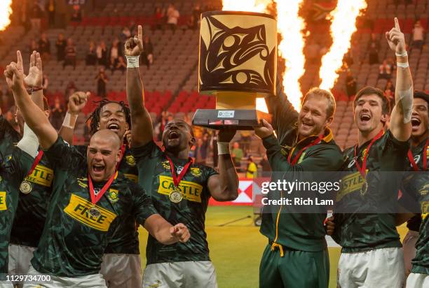 South Africa celebrates after defeating France in the championship final on Day 2 of the HSBC Canada Sevens at BC Place on March 10, 2019 in...