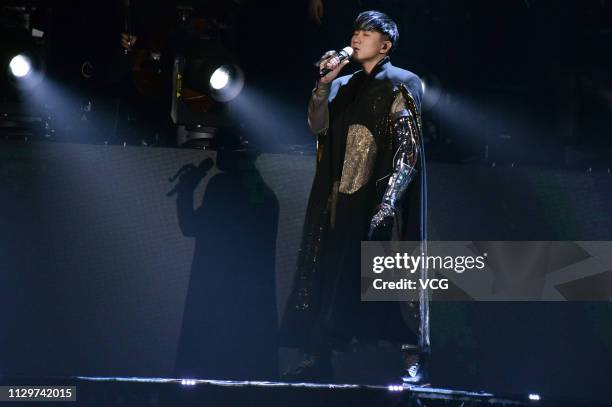 Singer JJ Lin performs on the stage in concert at Taipei Arena on February 14, 2019 in Taipei, Taiwan of China.