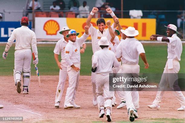 Cricket 1st Test West Indies v England at Sibina Park Kingston Jamaica 21st February 1994 Andrew Caddick tales the wicket of Phil Simmons.