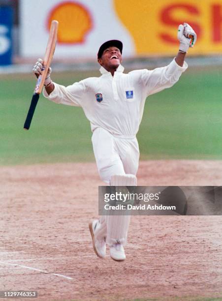 Cricket 5th Test West Indies v England 16-21 April 1994 at the Recreation Ground St Johns Antigua. Brian Lara after breaking the world record score...