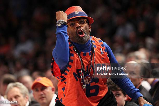 Director Spike Lee reacts as the New York Knicks play against the Boston Celtics in Game Three of the Eastern Conference Quarterfinals in the 2011...